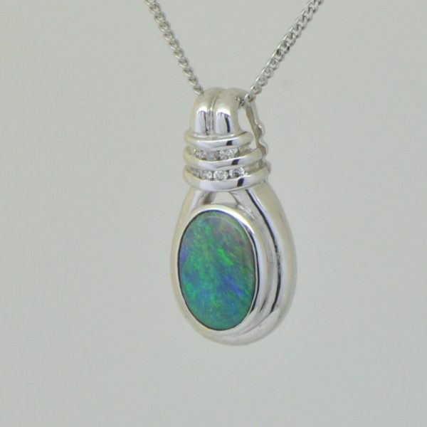 Solid 18ct 18k White gold Natural solid black opal 1.83ct pendant with diamonds