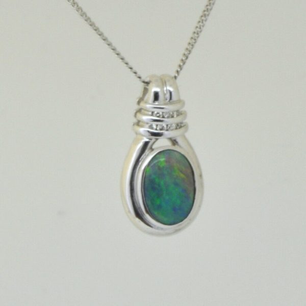 Solid 18ct 18k White gold Natural solid black opal 1.83ct pendant with diamonds